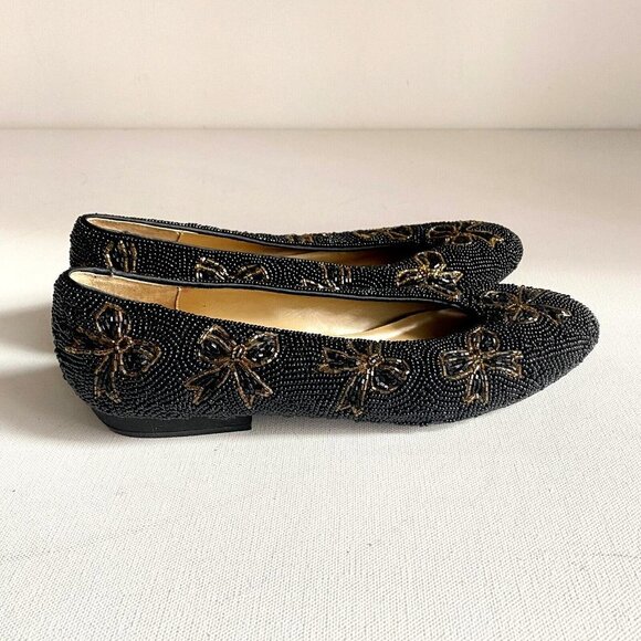 Vintage Talbots Fully Beaded Black Gold Bow Accent Ballet Flats 7 - Picture 1 of 14